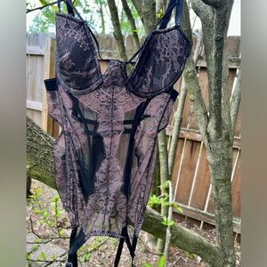 NWT 36C lace sheer black Vintage Victorias Secret Basque Garters Corset Pinup